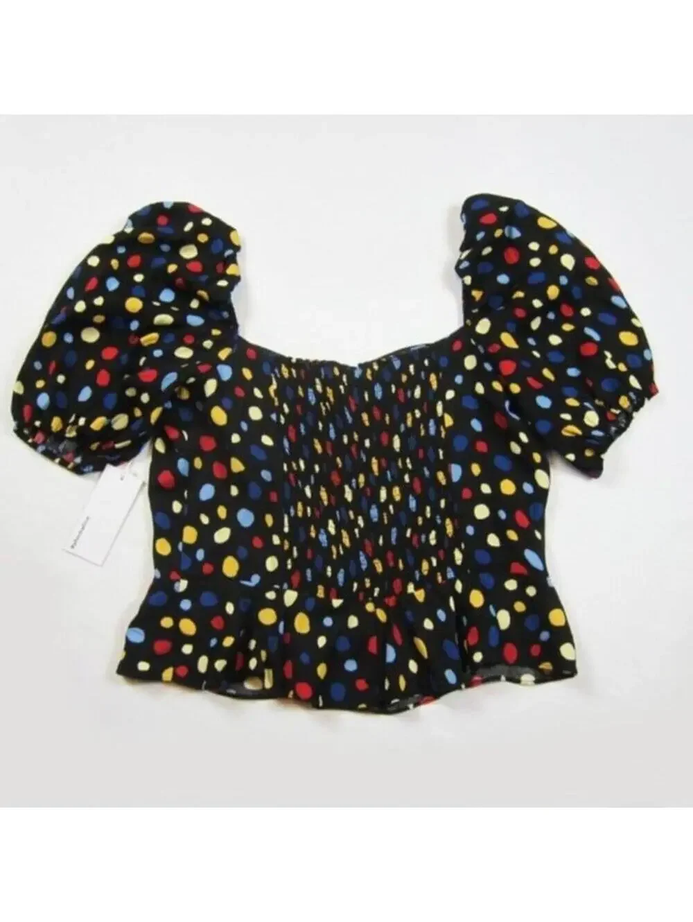Reformation 12 Peplum Top Polka Dot Sweetheart Neck Short Puff Sleeves NEW
